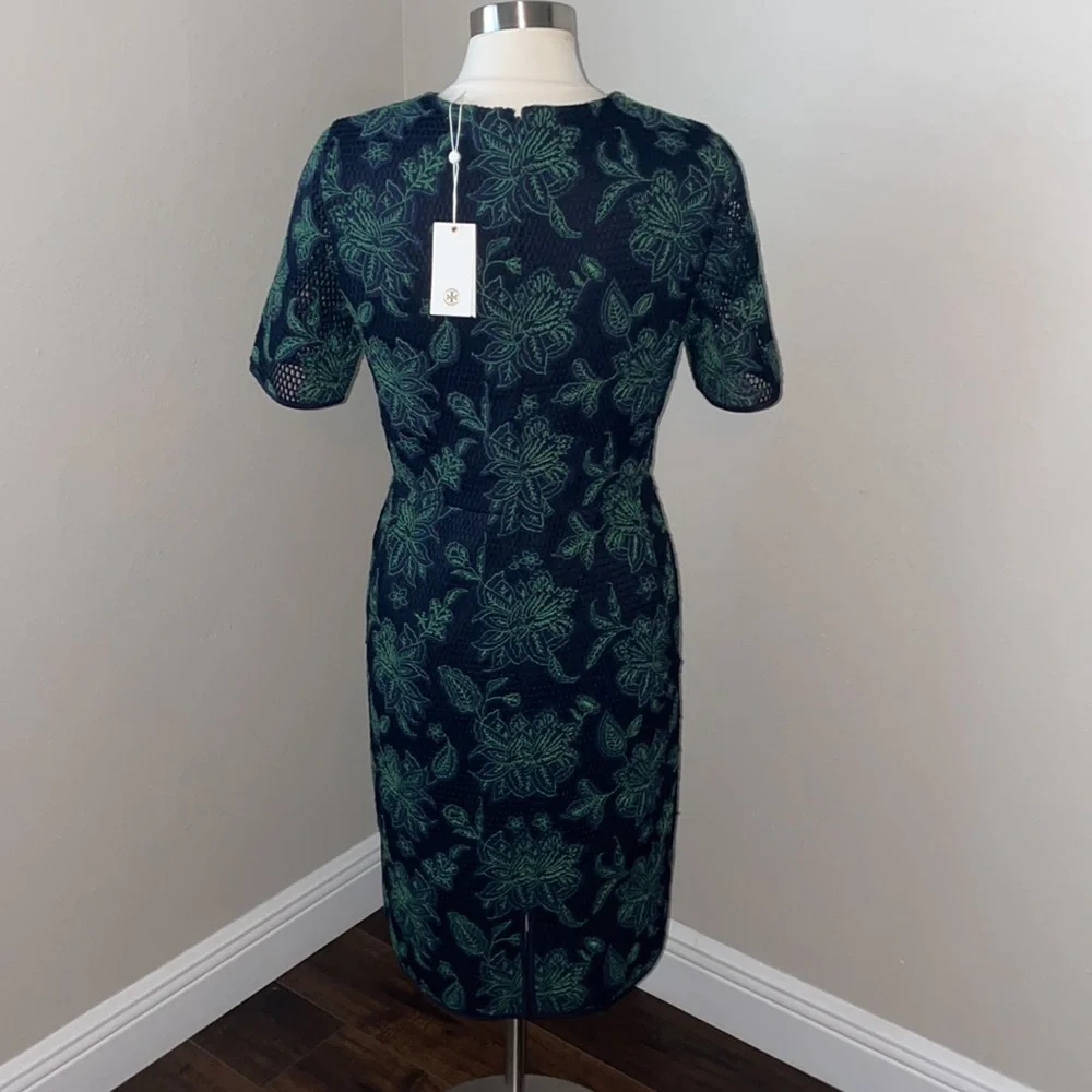Tory Burch Black Lace Midi Dress with Green Floral Embroidery